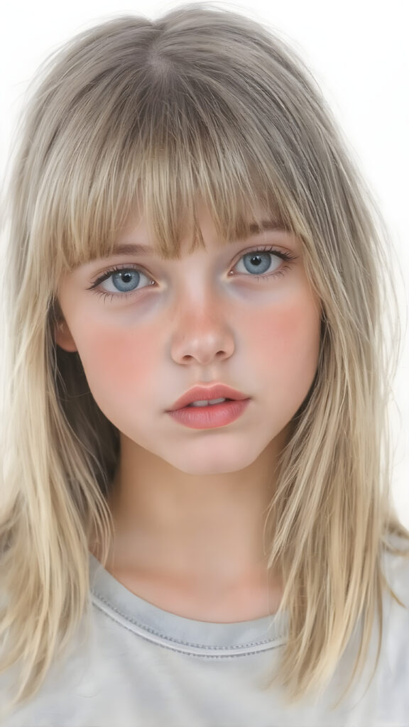 ((oil pastel drawn)) super realistic detailed, young teen girl, long straight blond and light brown hair, bangs, cute, stunning, gorgeous, ((full body, wears a light grey thin cropped t-shirt)), slightly open mouth, withe teeth