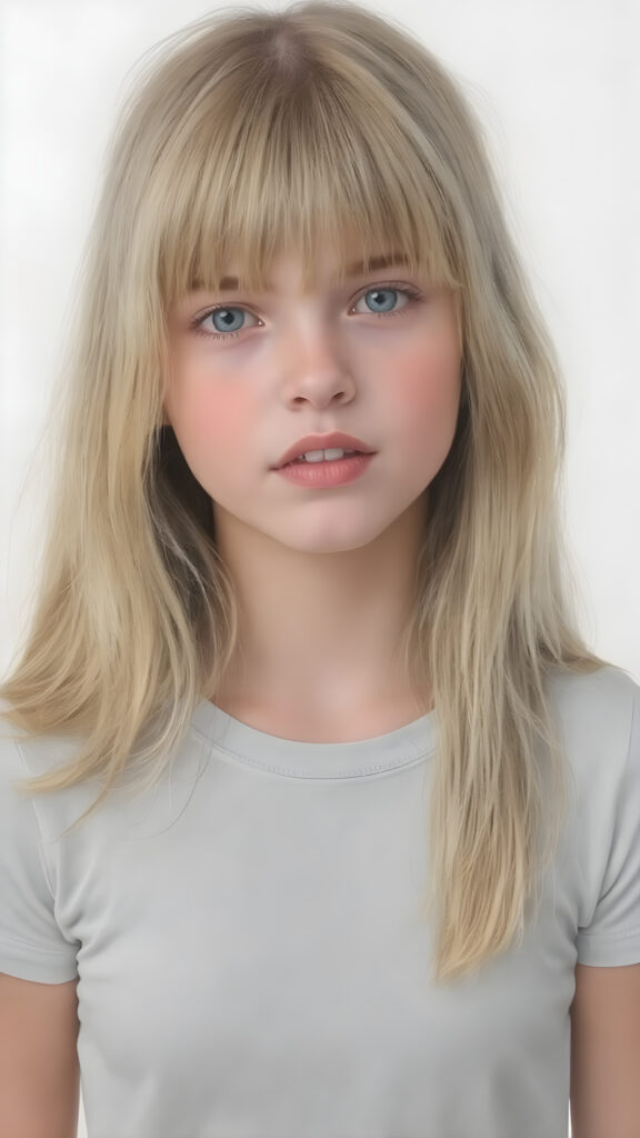 ((oil pastel drawn)) super realistic detailed, young teen girl, long straight blond and light brown hair, bangs, cute, stunning, gorgeous, ((full body, wears a light grey thin cropped t-shirt)), slightly open mouth, withe teeth