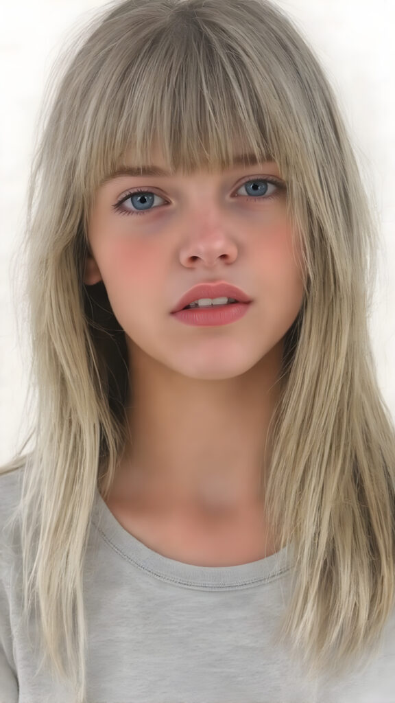 ((oil pastel drawn)) super realistic detailed, young teen girl, long straight blond and light brown hair, bangs, cute, stunning, gorgeous, ((full body, wears a light grey thin cropped t-shirt)), slightly open mouth, withe teeth