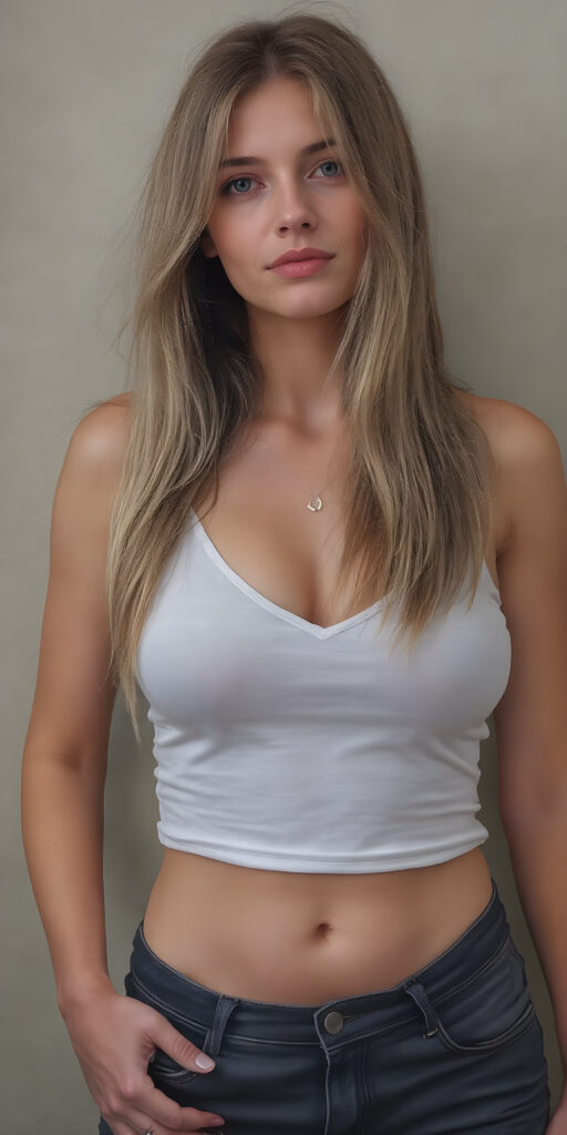 I am a well busty woman in the beautiful female perfect curved body of a young girl, full body photo, I wear a short cropped white plain short tank top deep v-neck, low cut, short dark denim jeans pants, you can see my cute belly button, I have long, straight silky blond and brown hair, realistic