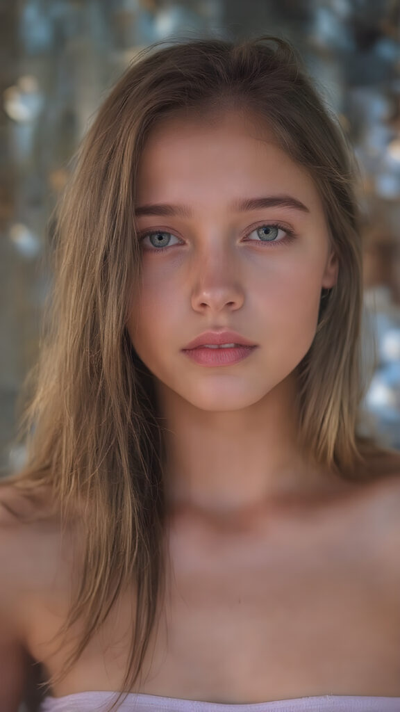 perfect and detailed portrait form a stunning and gorgeous young (cyberpunk teen) girl, 16 years old, she wears glossy pearl-white cropped tank top, long straight jet brown hair, captured with soft golden lighting effects.