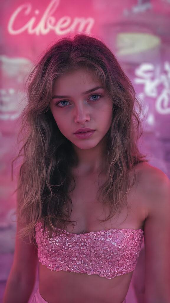 perfect and detailed portrait form a stunning young teen girl, 16 years old, she wears glossy pearl-white leggings and a crop top adorned with sequin patterns, long wavy curly brown hair, captured with soft golden lighting effects.