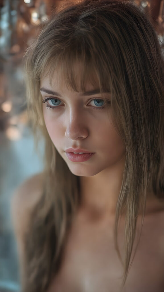 perfect and detailed portrait form a stunning and gorgeous young (cyberpunk teen) girl, 16 years old, she wears glossy pearl-white cropped tank top, long straight jet brown hair, captured with soft golden lighting effects.