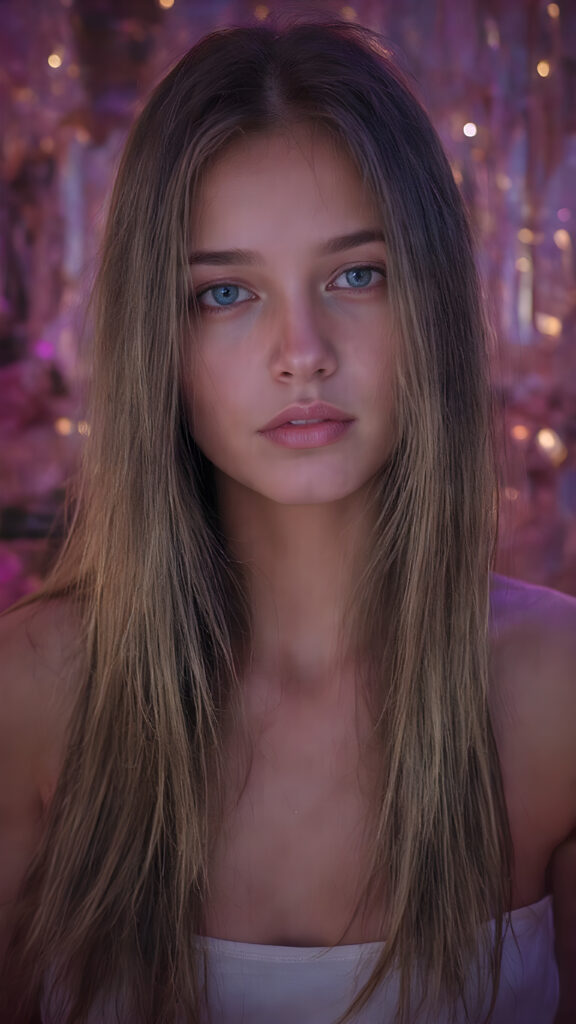 perfect and detailed portrait form a stunning and gorgeous young (cyberpunk teen) girl, 16 years old, she wears glossy pearl-white cropped tank top, long straight jet brown hair, captured with soft golden lighting effects.