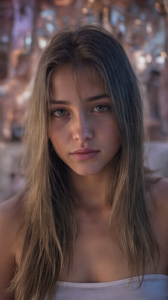 perfect and detailed portrait form a stunning and gorgeous young (cyberpunk teen) girl, 16 years old, she wears glossy pearl-white cropped tank top, long straight jet brown hair, captured with soft golden lighting effects.