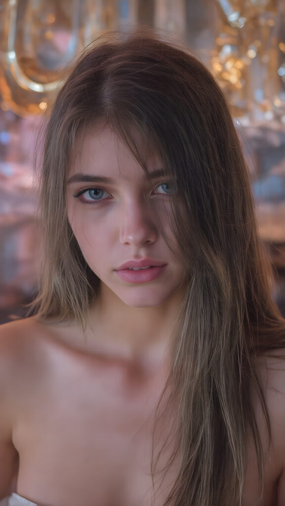 perfect and detailed portrait form a stunning and gorgeous young (cyberpunk teen) girl, 16 years old, she wears glossy pearl-white cropped tank top, long straight jet brown hair, captured with soft golden lighting effects.