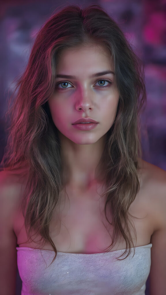 perfect and detailed portrait form a stunning young teen girl, 16 years old, she wears glossy pearl-white leggings and a crop top adorned with sequin patterns, long wavy curly brown hair, captured with soft golden lighting effects.