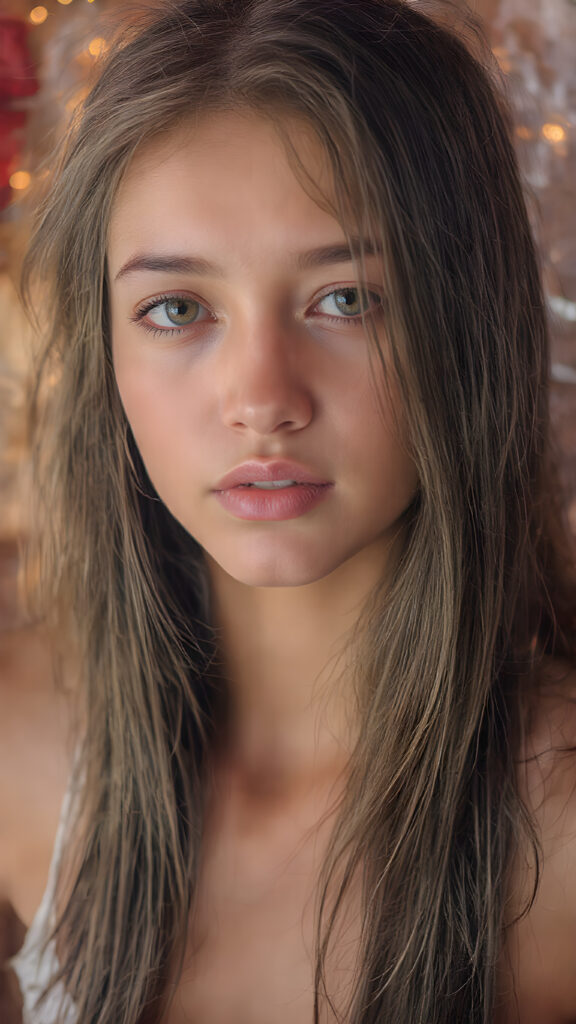 perfect and detailed portrait form a stunning and gorgeous young (cyberpunk teen) girl, 16 years old, she wears glossy pearl-white cropped tank top, long straight jet brown hair, captured with soft golden lighting effects.