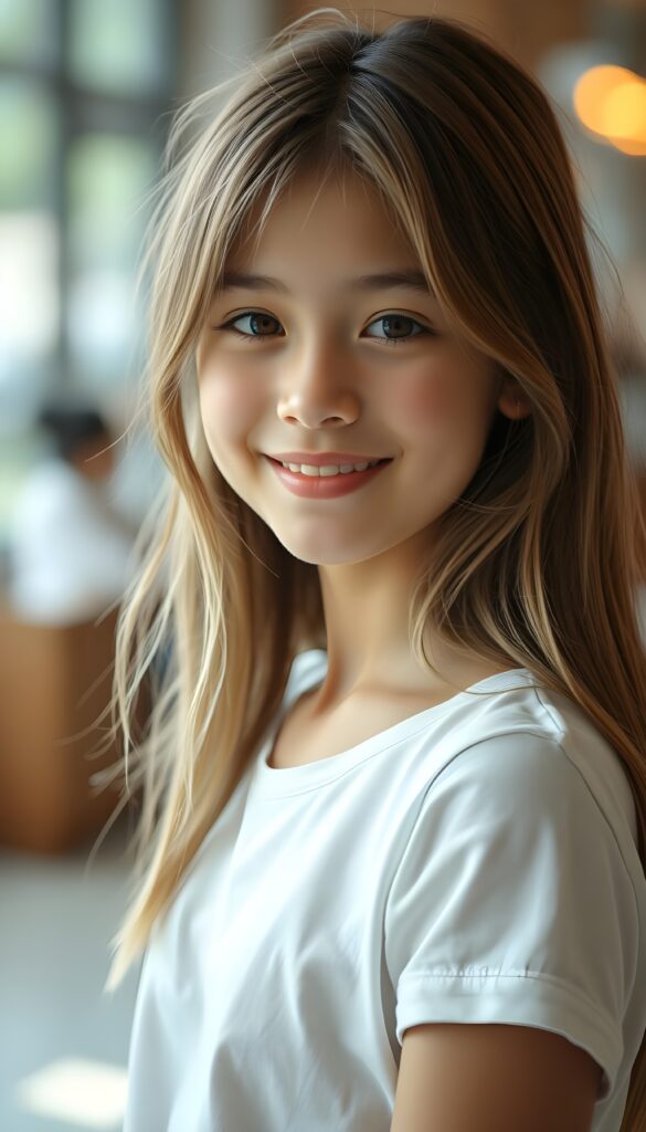 perfect portrait, very cute adult girl, white thin t-shirt, smile, detailed straight soft brown hair with blond highlights, brown eyes.