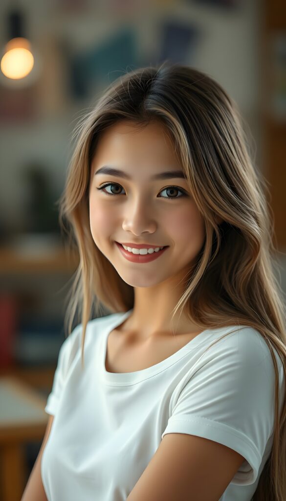 perfect portrait, very cute adult girl, white thin t-shirt, smile, detailed straight soft brown hair with blond highlights, brown eyes.