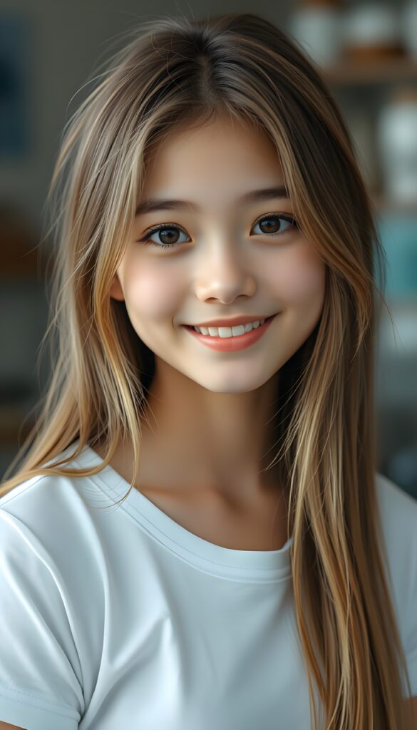 perfect portrait, very cute adult girl, white thin t-shirt, smile, detailed straight soft brown hair with blond highlights, brown eyes.