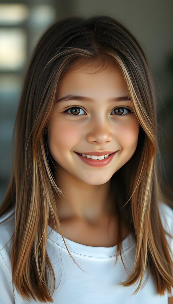 perfect portrait, very cute adult girl, white thin t-shirt, smile, detailed straight soft brown hair with blond highlights, brown eyes.