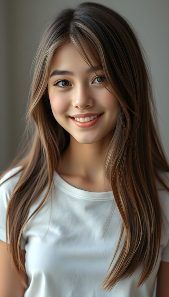 perfect portrait, very cute adult girl, white thin t-shirt, smile, detailed straight soft brown hair with blond highlights, brown eyes.