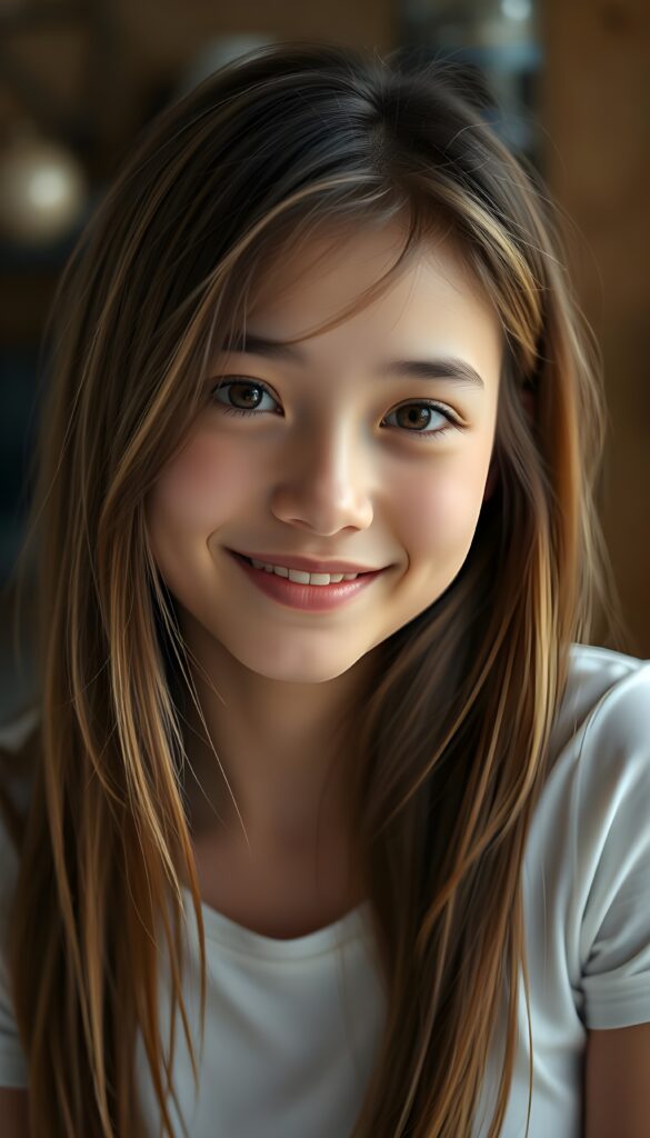 perfect portrait, very cute adult girl, white thin t-shirt, smile, detailed straight soft brown hair with blond highlights, brown eyes.