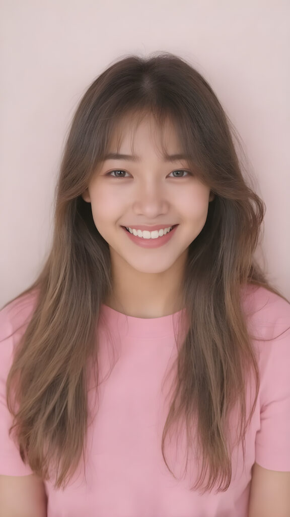 perfect realistic beautiful teenage girl, with gorgeous jet pink hair, early 2000s, styling her hair in straight long soft waves with the exact same length left an right, that exude an air of cuteness. Her features are Korean-inspired, with long, straight hair as the norm for Korean girls of her age. She's also got perfectly straight white teeth, which is rare for someone her age, and beautiful jet pink lips that perfectly complements her face. She's wearing a super short tight pink shirt that emphasizes her navel, and loose fitting jeans that enhance her perfect curved body. Her smile is sunny and inviting, giving the impression of a happy, joyful, and inviting personality. (((She is beautiful and cute, full body image)))