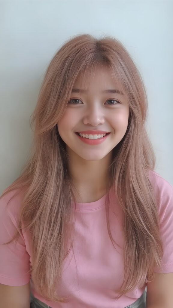 perfect realistic beautiful teenage girl, with gorgeous jet pink hair, early 2000s, styling her hair in straight long soft waves with the exact same length left an right, that exude an air of cuteness. Her features are Korean-inspired, with long, straight hair as the norm for Korean girls of her age. She's also got perfectly straight white teeth, which is rare for someone her age, and beautiful jet pink lips that perfectly complements her face. She's wearing a super short tight pink shirt that emphasizes her navel, and loose fitting jeans that enhance her perfect curved body. Her smile is sunny and inviting, giving the impression of a happy, joyful, and inviting personality. (((She is beautiful and cute, full body image)))