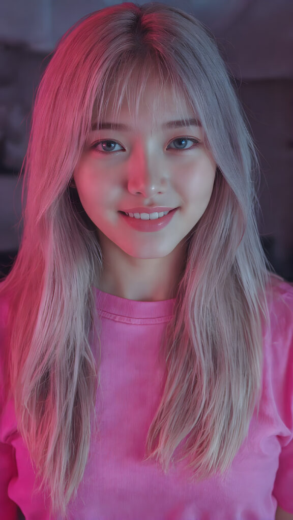 perfect realistic beautiful teenage girl, with gorgeous jet pink hair, early 2000s, styling her hair in straight long soft waves with the exact same length left an right, that exude an air of cuteness. Her features are Korean-inspired, with long, straight hair as the norm for Korean girls of her age. She's also got perfectly straight white teeth, which is rare for someone her age, and beautiful jet pink lips that perfectly complements her face. She's wearing a super short tight pink shirt that emphasizes her navel, and loose fitting jeans that enhance her perfect curved body. Her smile is sunny and inviting, giving the impression of a happy, joyful, and inviting personality. (((She is beautiful and cute, full body image)))