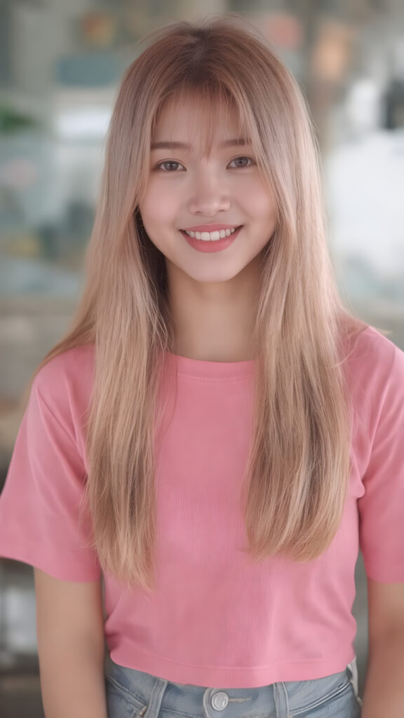 perfect realistic beautiful teenage girl, with gorgeous jet pink hair, early 2000s, styling her hair in straight long soft waves with the exact same length left an right, that exude an air of cuteness. Her features are Korean-inspired, with long, straight hair as the norm for Korean girls of her age. She's also got perfectly straight white teeth, which is rare for someone her age, and beautiful jet pink lips that perfectly complements her face. She's wearing a super short tight pink shirt that emphasizes her navel, and loose fitting jeans that enhance her perfect curved body. Her smile is sunny and inviting, giving the impression of a happy, joyful, and inviting personality. (((She is beautiful and cute, full body image)))