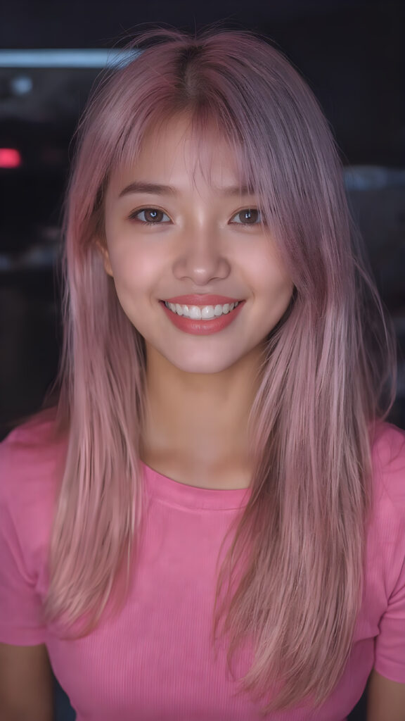 perfect realistic beautiful teenage girl, with gorgeous jet pink hair, early 2000s, styling her hair in straight long soft waves with the exact same length left an right, that exude an air of cuteness. Her features are Korean-inspired, with long, straight hair as the norm for Korean girls of her age. She's also got perfectly straight white teeth, which is rare for someone her age, and beautiful jet pink lips that perfectly complements her face. She's wearing a super short tight pink shirt that emphasizes her navel, and loose fitting jeans that enhance her perfect curved body. Her smile is sunny and inviting, giving the impression of a happy, joyful, and inviting personality. (((She is beautiful and cute, full body image)))