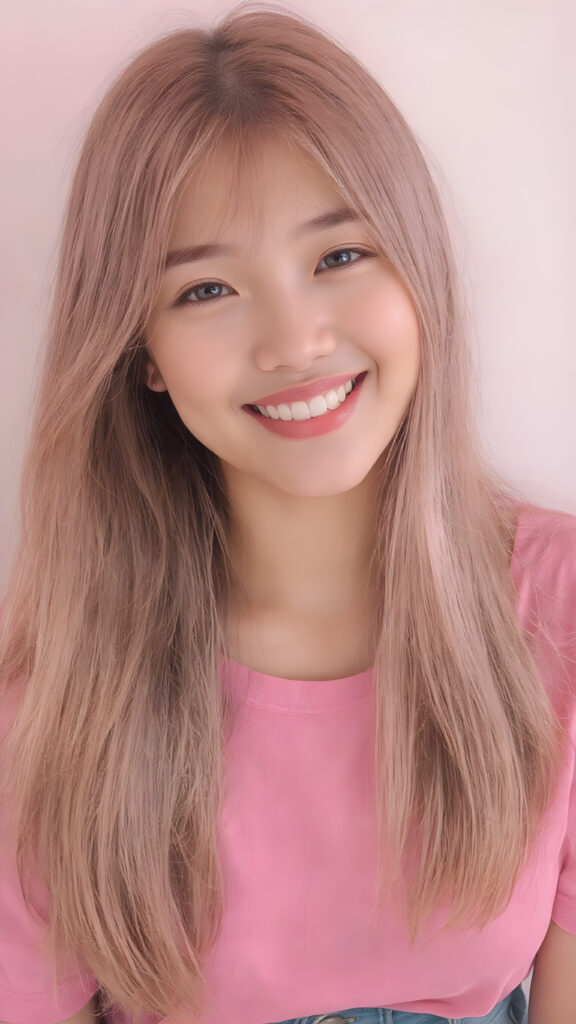 perfect realistic beautiful teenage girl, with gorgeous jet pink hair, early 2000s, styling her hair in straight long soft waves with the exact same length left an right, that exude an air of cuteness. Her features are Korean-inspired, with long, straight hair as the norm for Korean girls of her age. She's also got perfectly straight white teeth, which is rare for someone her age, and beautiful jet pink lips that perfectly complements her face. She's wearing a super short tight pink shirt that emphasizes her navel, and loose fitting jeans that enhance her perfect curved body. Her smile is sunny and inviting, giving the impression of a happy, joyful, and inviting personality. (((She is beautiful and cute, full body image)))