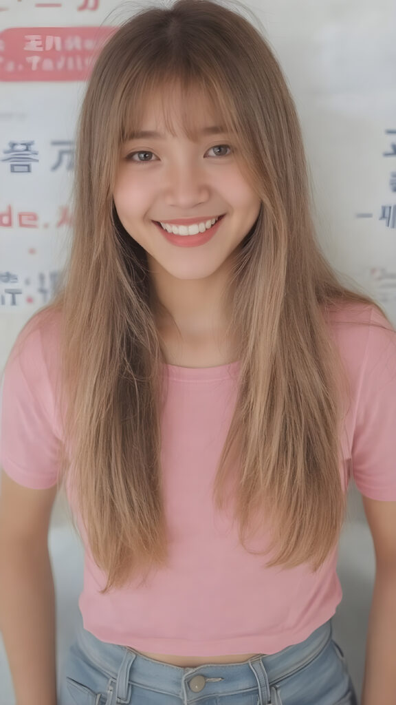 perfect realistic beautiful teenage girl, with gorgeous jet pink hair, early 2000s, styling her hair in straight long soft waves with the exact same length left an right, that exude an air of cuteness. Her features are Korean-inspired, with long, straight hair as the norm for Korean girls of her age. She's also got perfectly straight white teeth, which is rare for someone her age, and beautiful jet pink lips that perfectly complements her face. She's wearing a super short tight pink shirt that emphasizes her navel, and loose fitting jeans that enhance her perfect curved body. Her smile is sunny and inviting, giving the impression of a happy, joyful, and inviting personality. (((She is beautiful and cute, full body image)))