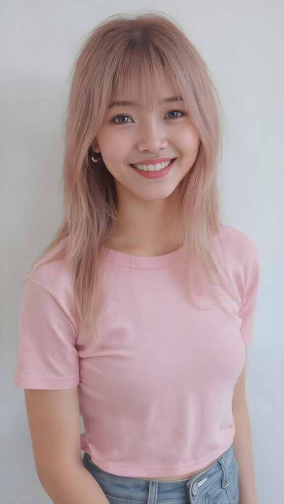 perfect realistic beautiful teenage girl, with gorgeous jet pink hair, early 2000s, styling her hair in straight long soft waves with the exact same length left an right, that exude an air of cuteness. Her features are Korean-inspired, with long, straight hair as the norm for Korean girls of her age. She's also got perfectly straight white teeth, which is rare for someone her age, and beautiful jet pink lips that perfectly complements her face. She's wearing a super short tight pink shirt that emphasizes her navel, and loose fitting jeans that enhance her perfect curved body. Her smile is sunny and inviting, giving the impression of a happy, joyful, and inviting personality. (((She is beautiful and cute, full body image)))