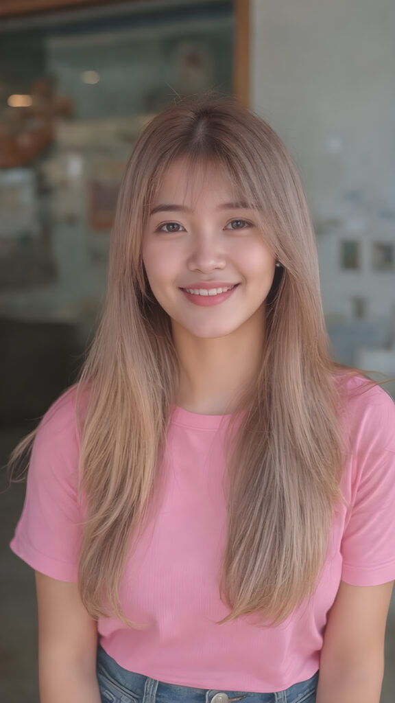 perfect realistic beautiful teenage girl, with gorgeous jet pink hair, early 2000s, styling her hair in straight long soft waves with the exact same length left an right, that exude an air of cuteness. Her features are Korean-inspired, with long, straight hair as the norm for Korean girls of her age. She's also got perfectly straight white teeth, which is rare for someone her age, and beautiful jet pink lips that perfectly complements her face. She's wearing a super short tight pink shirt that emphasizes her navel, and loose fitting jeans that enhance her perfect curved body. Her smile is sunny and inviting, giving the impression of a happy, joyful, and inviting personality. (((She is beautiful and cute, full body image)))