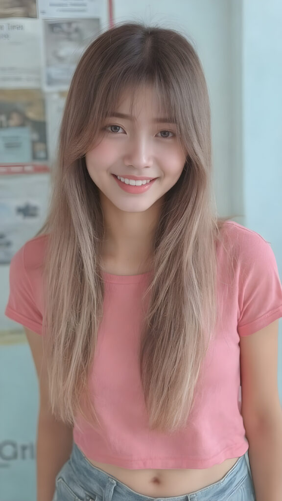 perfect realistic beautiful teenage girl, with gorgeous jet pink hair, early 2000s, styling her hair in straight long soft waves with the exact same length left an right, that exude an air of cuteness. Her features are Korean-inspired, with long, straight hair as the norm for Korean girls of her age. She's also got perfectly straight white teeth, which is rare for someone her age, and beautiful jet pink lips that perfectly complements her face. She's wearing a super short tight pink shirt that emphasizes her navel, and loose fitting jeans that enhance her perfect curved body. Her smile is sunny and inviting, giving the impression of a happy, joyful, and inviting personality. (((She is beautiful and cute, full body image)))