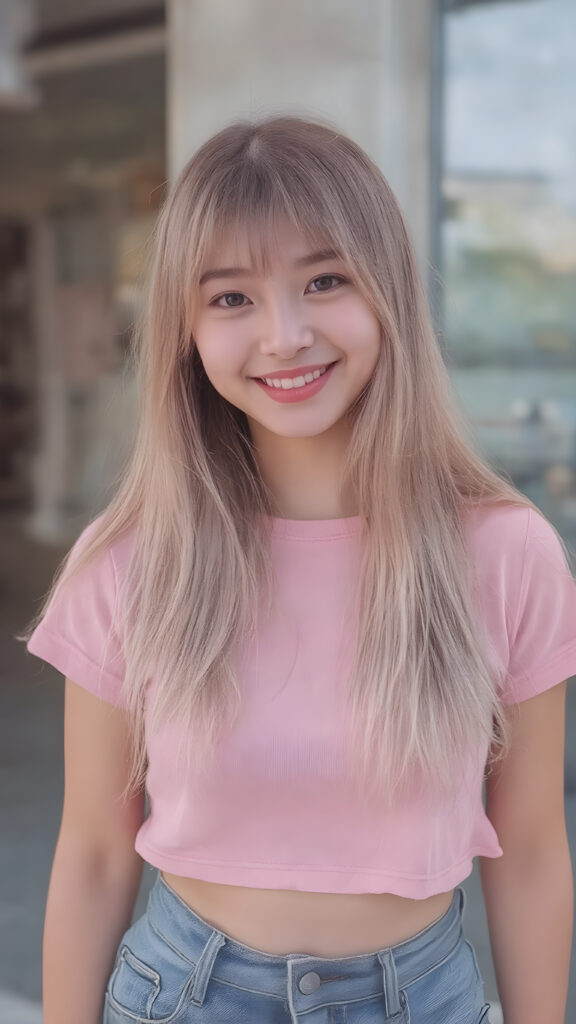 perfect realistic beautiful teenage girl, with gorgeous jet pink hair, early 2000s, styling her hair in straight long soft waves with the exact same length left an right, that exude an air of cuteness. Her features are Korean-inspired, with long, straight hair as the norm for Korean girls of her age. She's also got perfectly straight white teeth, which is rare for someone her age, and beautiful jet pink lips that perfectly complements her face. She's wearing a super short tight pink shirt that emphasizes her navel, and loose fitting jeans that enhance her perfect curved body. Her smile is sunny and inviting, giving the impression of a happy, joyful, and inviting personality. (((She is beautiful and cute, full body image)))