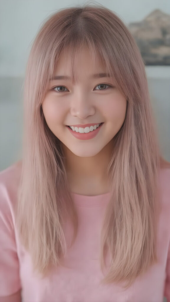 perfect realistic beautiful teenage girl, with gorgeous jet pink hair, early 2000s, styling her hair in straight long soft waves with the exact same length left an right, that exude an air of cuteness. Her features are Korean-inspired, with long, straight hair as the norm for Korean girls of her age. She's also got perfectly straight white teeth, which is rare for someone her age, and beautiful jet pink lips that perfectly complements her face. She's wearing a super short tight pink shirt that emphasizes her navel, and loose fitting jeans that enhance her perfect curved body. Her smile is sunny and inviting, giving the impression of a happy, joyful, and inviting personality. (((She is beautiful and cute, full body image)))