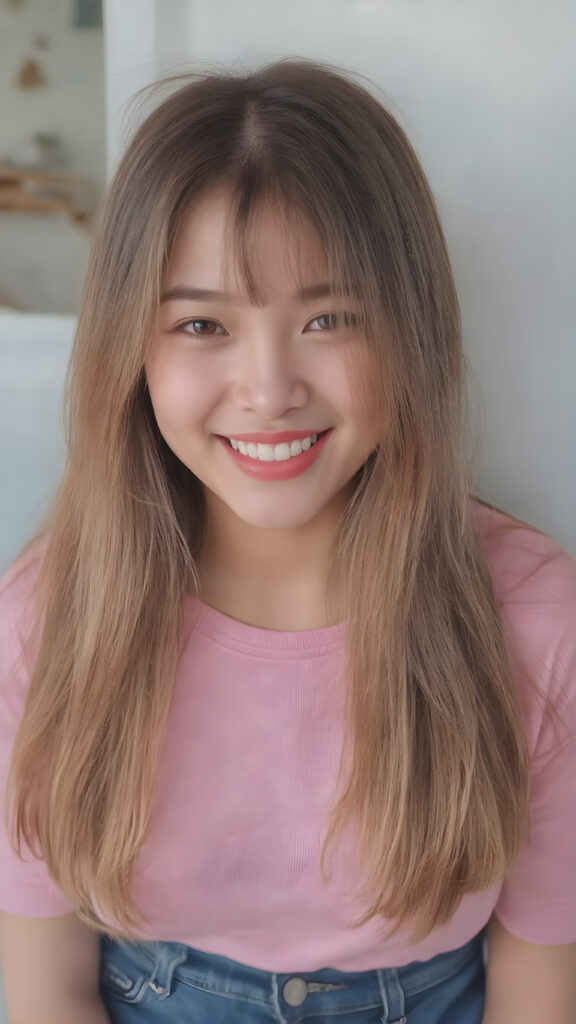 perfect realistic beautiful teenage girl, with gorgeous jet pink hair, early 2000s, styling her hair in straight long soft waves with the exact same length left an right, that exude an air of cuteness. Her features are Korean-inspired, with long, straight hair as the norm for Korean girls of her age. She's also got perfectly straight white teeth, which is rare for someone her age, and beautiful jet pink lips that perfectly complements her face. She's wearing a super short tight pink shirt that emphasizes her navel, and loose fitting jeans that enhance her perfect curved body. Her smile is sunny and inviting, giving the impression of a happy, joyful, and inviting personality. (((She is beautiful and cute, full body image)))