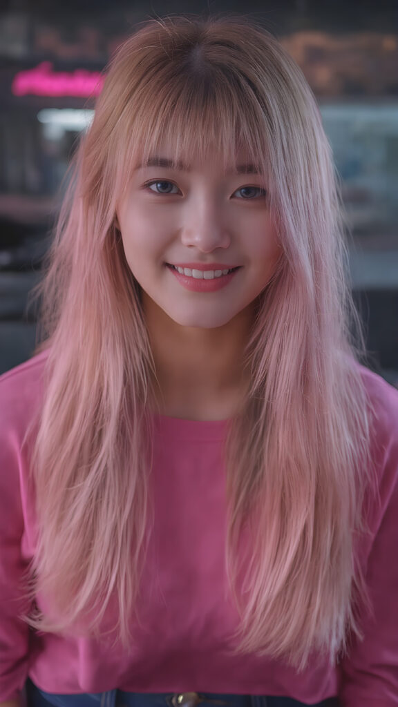 perfect realistic beautiful teenage girl, with gorgeous jet pink hair, early 2000s, styling her hair in straight long soft waves with the exact same length left an right, that exude an air of cuteness. Her features are Korean-inspired, with long, straight hair as the norm for Korean girls of her age. She's also got perfectly straight white teeth, which is rare for someone her age, and beautiful jet pink lips that perfectly complements her face. She's wearing a super short tight pink shirt that emphasizes her navel, and loose fitting jeans that enhance her perfect curved body. Her smile is sunny and inviting, giving the impression of a happy, joyful, and inviting personality. (((She is beautiful and cute, full body image)))