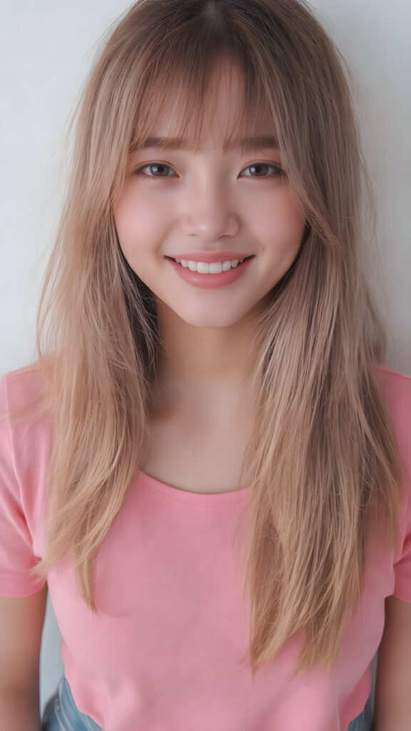 perfect realistic beautiful teenage girl, with gorgeous jet pink hair, early 2000s, styling her hair in straight long soft waves with the exact same length left an right, that exude an air of cuteness. Her features are Korean-inspired, with long, straight hair as the norm for Korean girls of her age. She's also got perfectly straight white teeth, which is rare for someone her age, and beautiful jet pink lips that perfectly complements her face. She's wearing a super short tight pink shirt that emphasizes her navel, and loose fitting jeans that enhance her perfect curved body. Her smile is sunny and inviting, giving the impression of a happy, joyful, and inviting personality. (((She is beautiful and cute, full body image)))