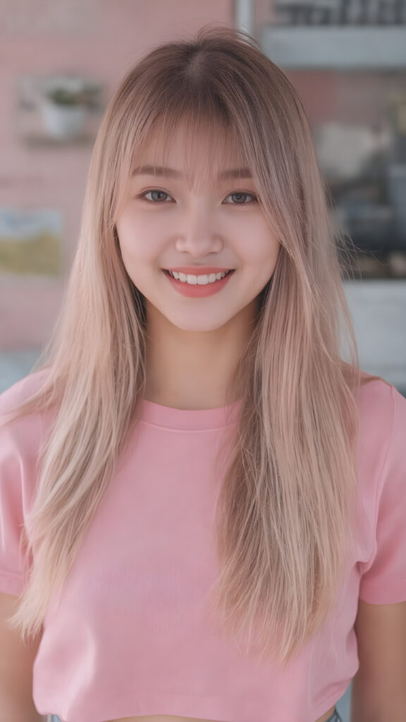 perfect realistic beautiful teenage girl, with gorgeous jet pink hair, early 2000s, styling her hair in straight long soft waves with the exact same length left an right, that exude an air of cuteness. Her features are Korean-inspired, with long, straight hair as the norm for Korean girls of her age. She's also got perfectly straight white teeth, which is rare for someone her age, and beautiful jet pink lips that perfectly complements her face. She's wearing a super short tight pink shirt that emphasizes her navel, and loose fitting jeans that enhance her perfect curved body. Her smile is sunny and inviting, giving the impression of a happy, joyful, and inviting personality. (((She is beautiful and cute, full body image)))