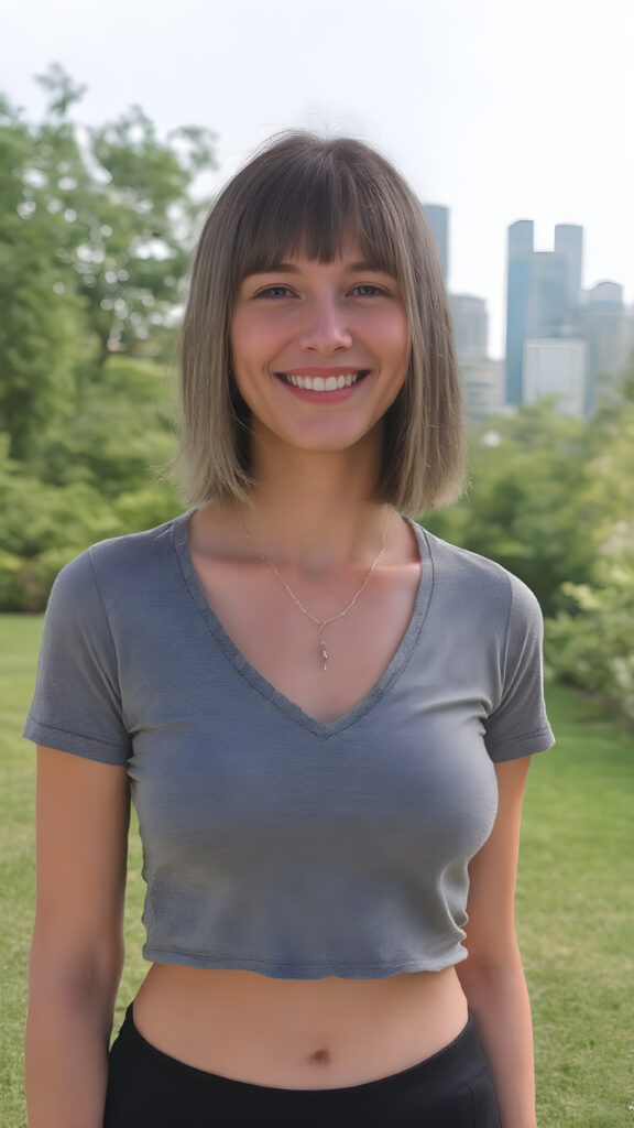 (((perfect symmetry))) a well busty young teenage girl, straight short hair, grey sport top deep neck, short black skirt, smile very happy, white teeth, she is in a sunny green park, skyline in backdrop, realistic, stunning, gorgeous, she wears a fine necklace