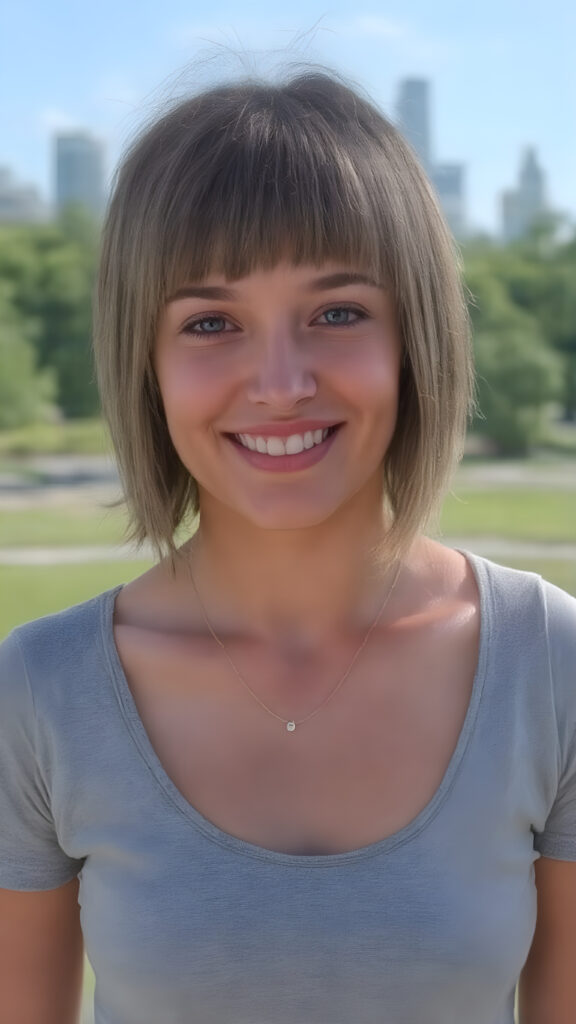(((perfect symmetry))) a well busty young teenage girl, straight short hair, grey sport top deep neck, short black skirt, smile very happy, white teeth, she is in a sunny green park, skyline in backdrop, realistic, stunning, gorgeous, she wears a fine necklace