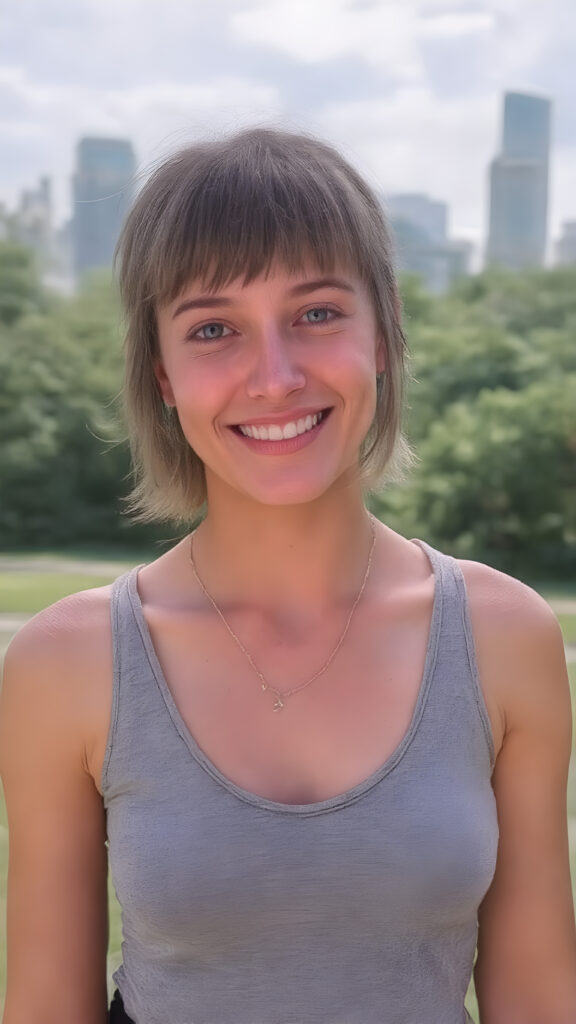 (((perfect symmetry))) a well busty young teenage girl, straight short hair, grey sport top deep neck, short black skirt, smile very happy, white teeth, she is in a sunny green park, skyline in backdrop, realistic, stunning, gorgeous, she wears a fine necklace