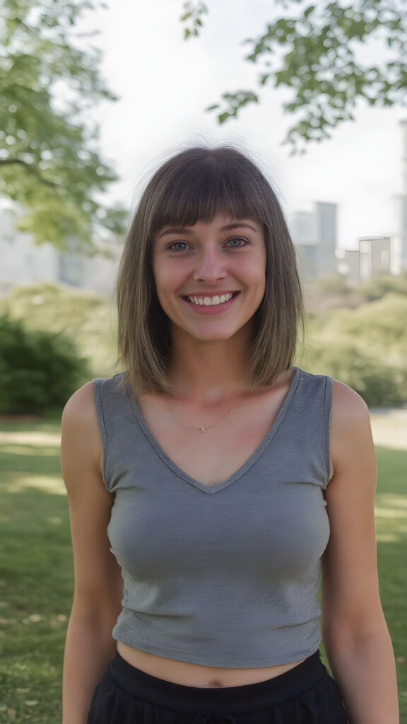 (((perfect symmetry))) a well busty young teenage girl, straight short hair, grey sport top deep neck, short black skirt, smile very happy, white teeth, she is in a sunny green park, skyline in backdrop, realistic, stunning, gorgeous, she wears a fine necklace