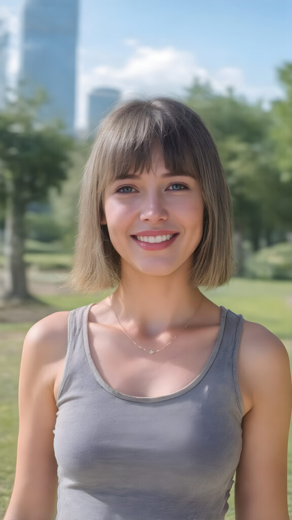 (((perfect symmetry))) a well busty young teenage girl, straight short hair, grey sport top deep neck, short black skirt, smile very happy, white teeth, she is in a sunny green park, skyline in backdrop, realistic, stunning, gorgeous, she wears a fine necklace