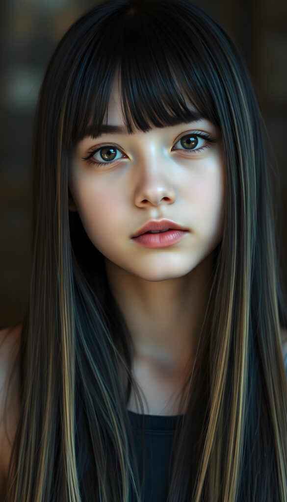 photo realistic portrait from a young teen girl, long, straight black hair with blonde streaks falls down to her upper body, bangs frame her round head, cute full lips, amber eyes, flawless skin