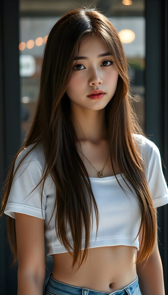 Close up portrait from a sweet little woman wearing a yellow plain uni t-shirt, long, straight soft wavy hair frame her round face in a perfect bangs cut—her red hair with brown highlights looks wonderful. Plain light blue studio background.