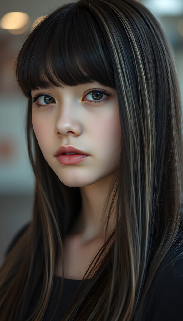 photo realistic portrait from a young teen girl, long, straight black hair with blonde streaks falls down to her upper body, bangs frame her round head, cute full lips, amber eyes, flawless skin