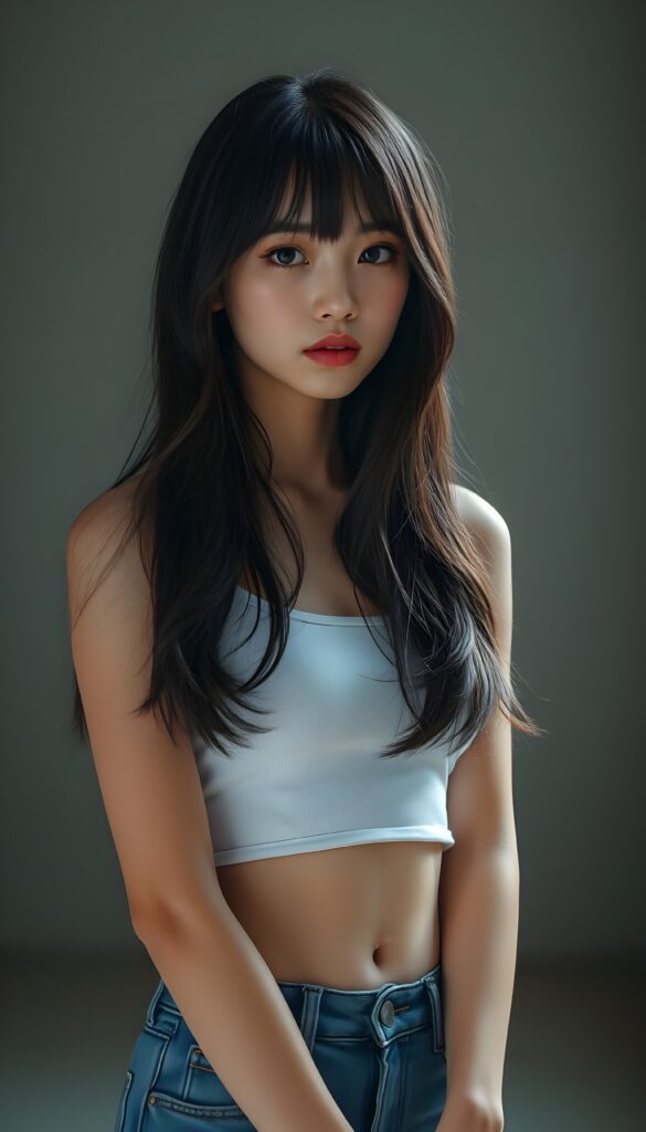 photo realistic portrait from a stunningly elegant and cute Asian Korean girl with long slightly wavy, straight dark hair and bangs, with a (realistically detailed angelic round face) and (realistically detailed hazelnut eyes) looking pensively at the camera, wearing a (super tight cropped white plain and empty tank top and a blue short jeans pants). She shows her belly button, red kissable lips.