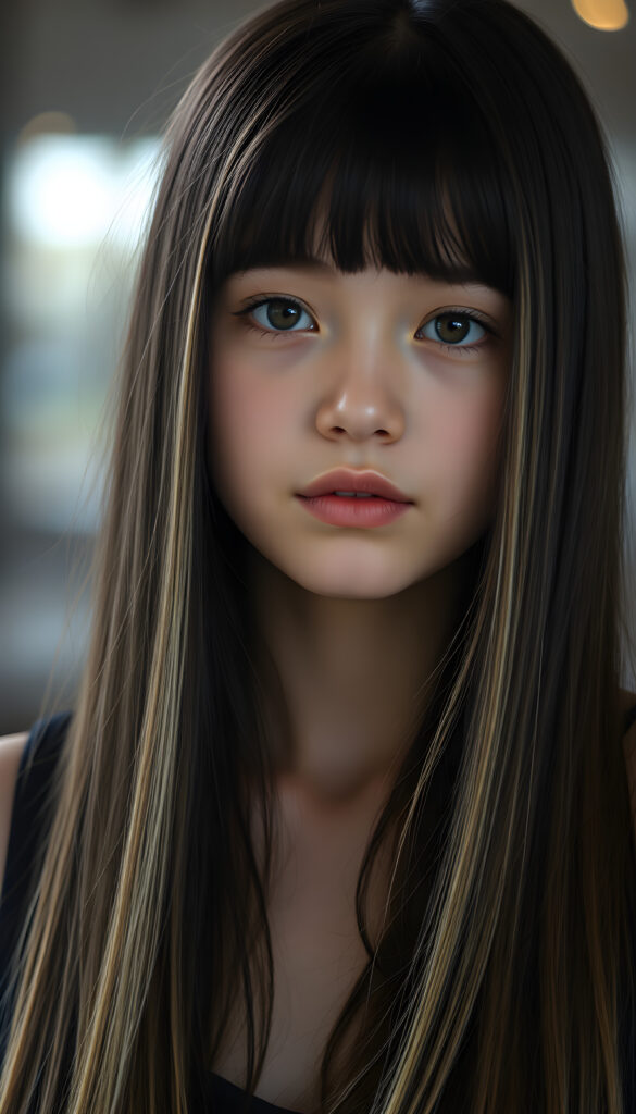 photo realistic portrait from a young teen girl, long, straight black hair with blonde streaks falls down to her upper body, bangs frame her round head, cute full lips, amber eyes, flawless skin