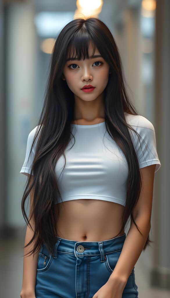 photo realistic portrait from a stunningly elegant and cute Asian Korean girl with long slightly wavy, straight dark hair and bangs, with a (realistically detailed angelic round face) and (realistically detailed hazelnut eyes) looking pensively at the camera, wearing a (super tight cropped white plain and empty tank top and a blue short jeans pants). She shows her belly button, red kissable lips.