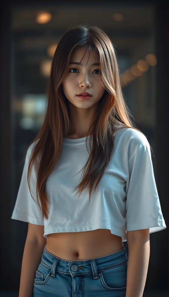 Close up portrait from a sweet little woman wearing a yellow plain uni t-shirt, long, straight soft wavy hair frame her round face in a perfect bangs cut—her red hair with brown highlights looks wonderful. Plain light blue studio background.
