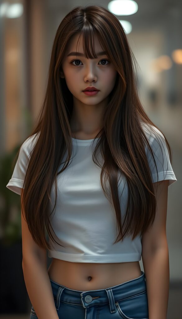 Close up portrait from a sweet little woman wearing a yellow plain uni t-shirt, long, straight soft wavy hair frame her round face in a perfect bangs cut—her red hair with brown highlights looks wonderful. Plain light blue studio background.