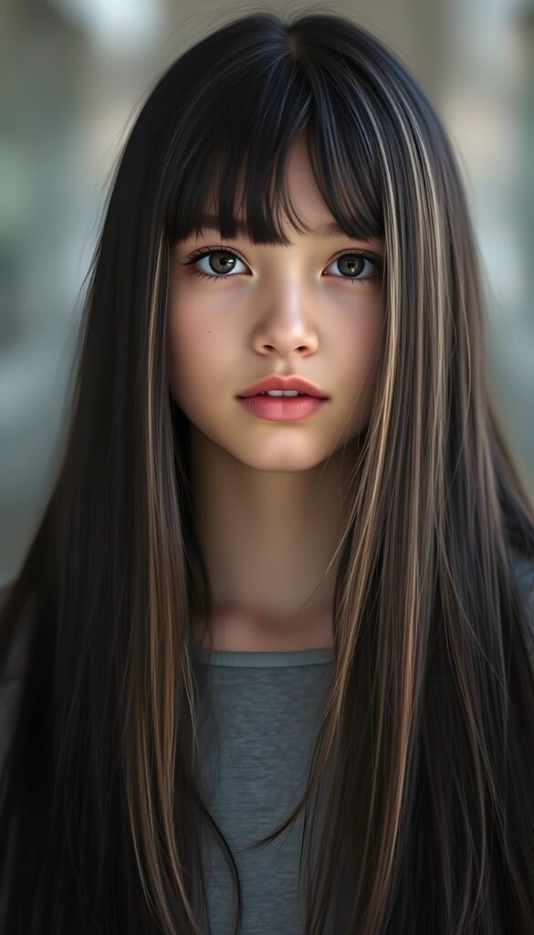 photo realistic portrait from a young teen girl, long, straight black hair with blonde streaks falls down to her upper body, bangs frame her round head, cute full lips, amber eyes, flawless skin