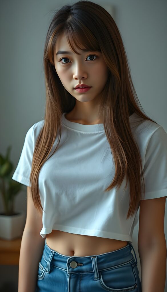 Close up portrait from a sweet little woman wearing a yellow plain uni t-shirt, long, straight soft wavy hair frame her round face in a perfect bangs cut—her red hair with brown highlights looks wonderful. Plain light blue studio background.