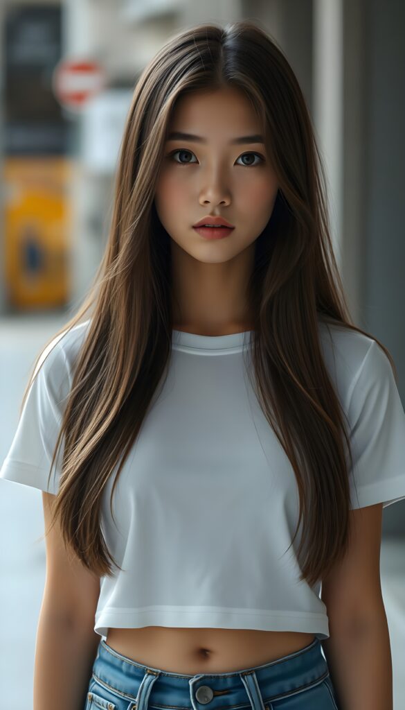 Close up portrait from a sweet little woman wearing a yellow plain uni t-shirt, long, straight soft wavy hair frame her round face in a perfect bangs cut—her red hair with brown highlights looks wonderful. Plain light blue studio background.